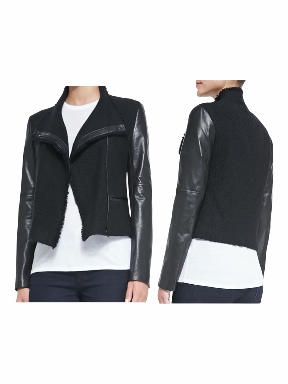 VINCE Black Lamb Leather Wool Boucle Tweed Cropped Moto Jacket. Size XS.